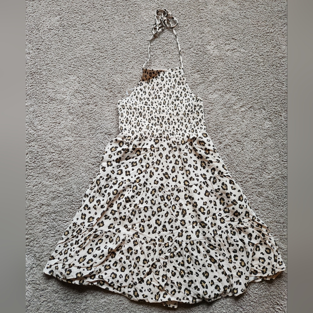 American Eagle Cheetah Print Smocked Midi Halter Dress, XS Y2K Retro Boho Chic